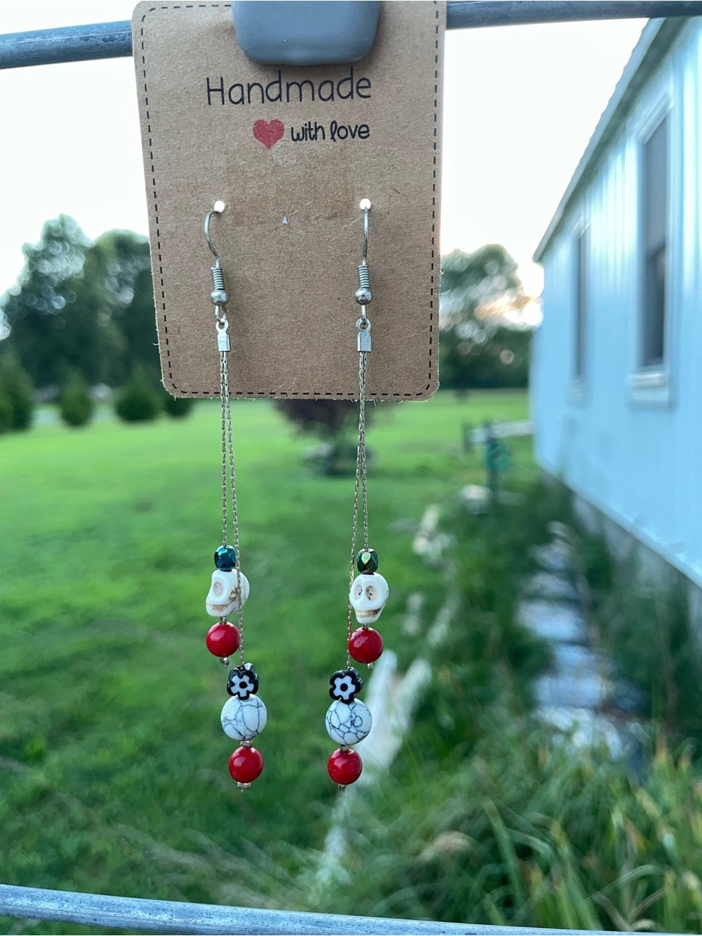 Handmade skull and Red Beaded Drop Earrings